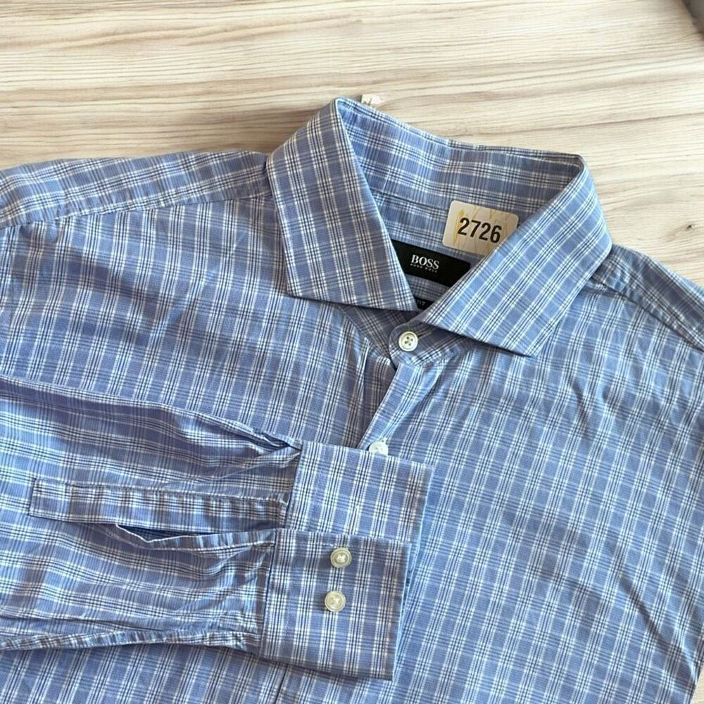 HUGO BOSS Men's Slim Fit Blue Checked Button Front Shirt Size 16 32/33"